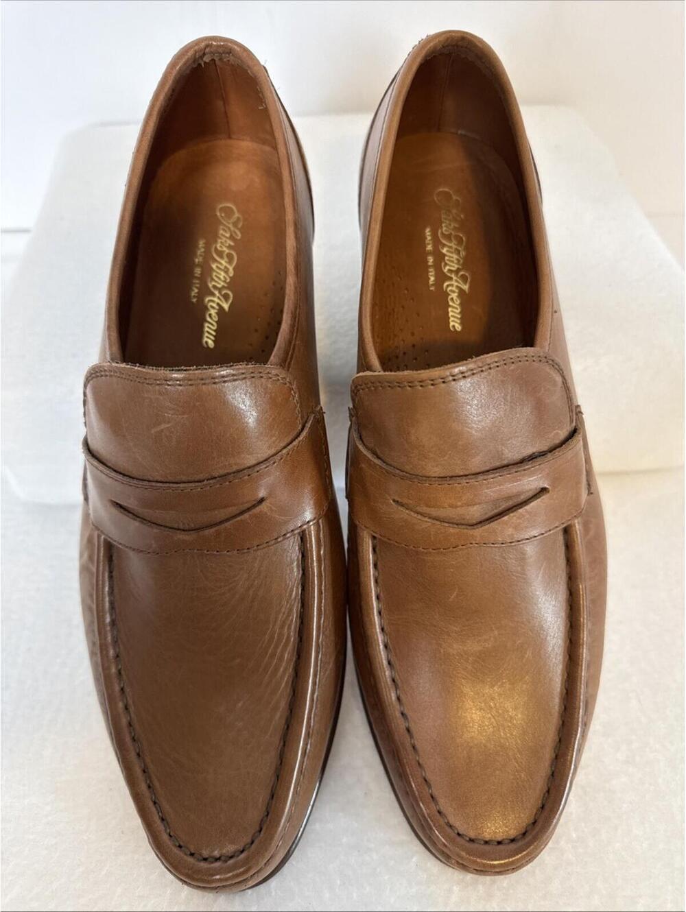 Saks Fifth Avenue Men's Leather Penny Loafers Tan Brown Made In Italy US Size 9